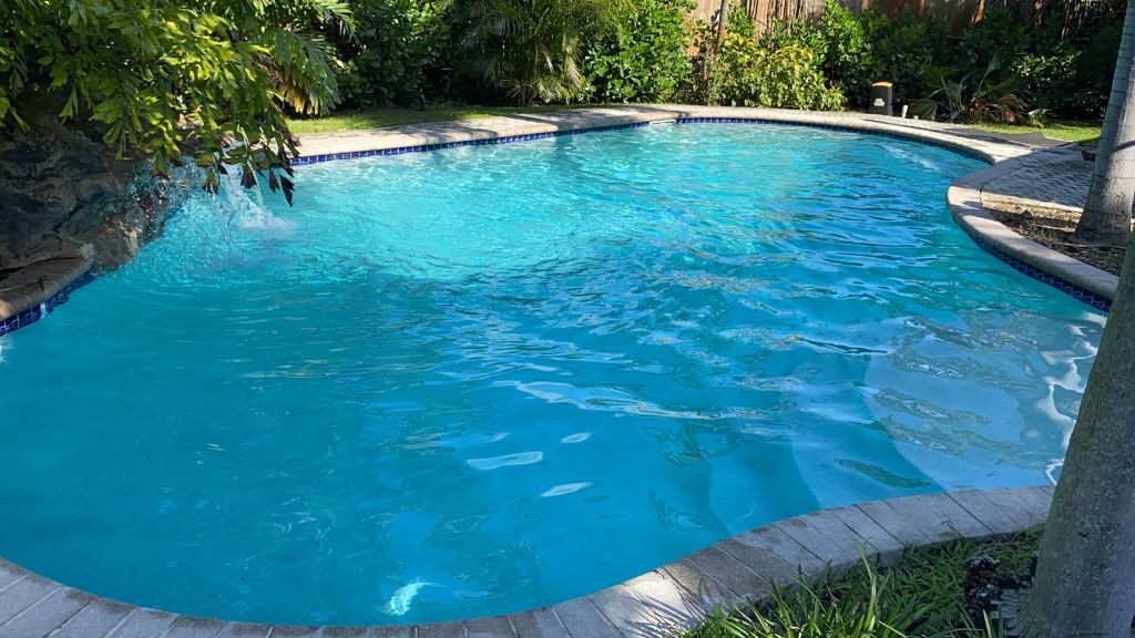 Freeform pool with waterfall feature and lush landscaping
